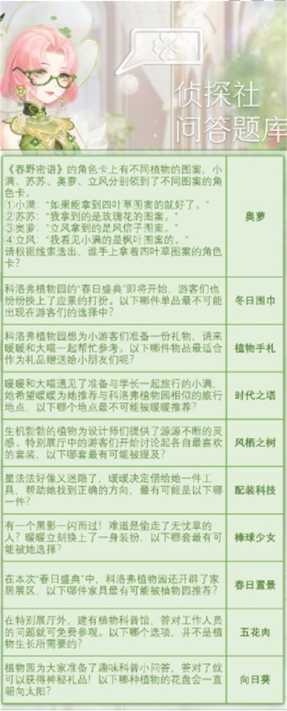 奇迹暖暖奇妙侦探社最新答案是什么